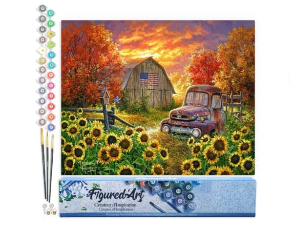 Paint by numbers - Sunflowers in front of the barn